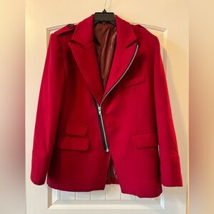 Thelees XXL Red Slim Fit Wool Coat Jacket Asymmetrical Zip Over Peacoat Busines